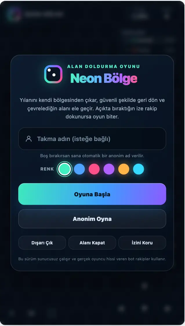 neon bölge kapmaca yılan oyunu