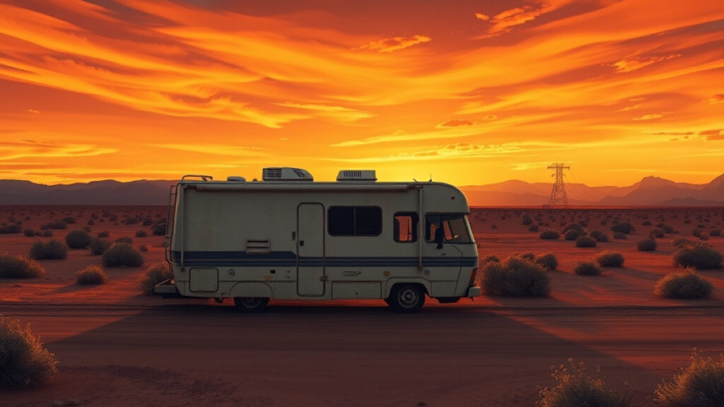 Çöl ortasında duran eski bir karavan ve gün batımı manzarası illüstrasyonu deşifresiyle Breaking Bad atmosferi temsili çizimdir.
