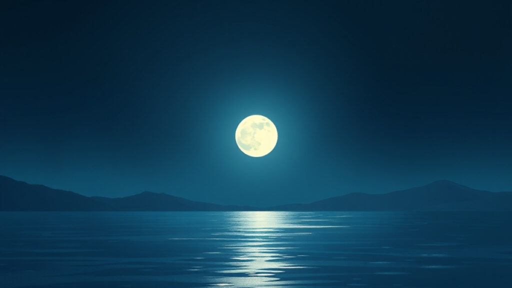 Gece gökyüzünde parlayan, tüm yüzeyi aydınlık ve belirgin bir dolunay illüstrasyonu.