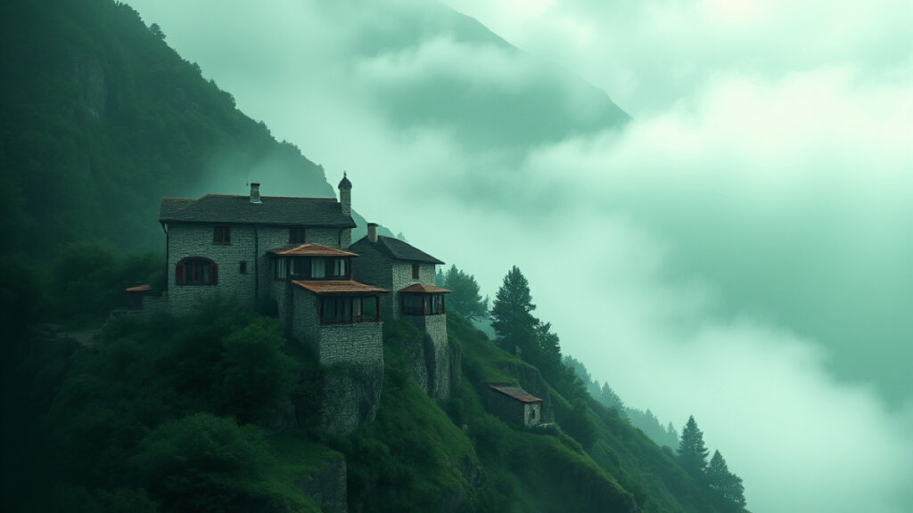 Trabzon'un sisli ve yeşil Karadeniz manzarasında geleneksel taş evler illüstrasyonu.